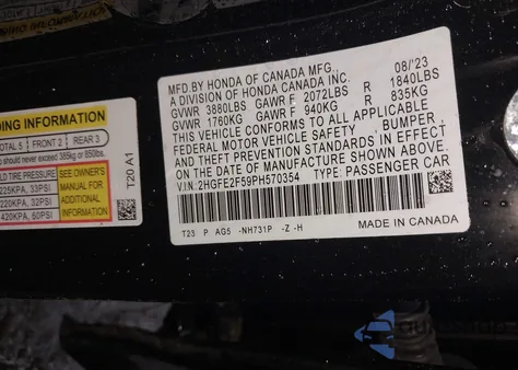 2023 Honda Civic Sport из США, поврежденный, VIN 2HGFE2F59PH570354